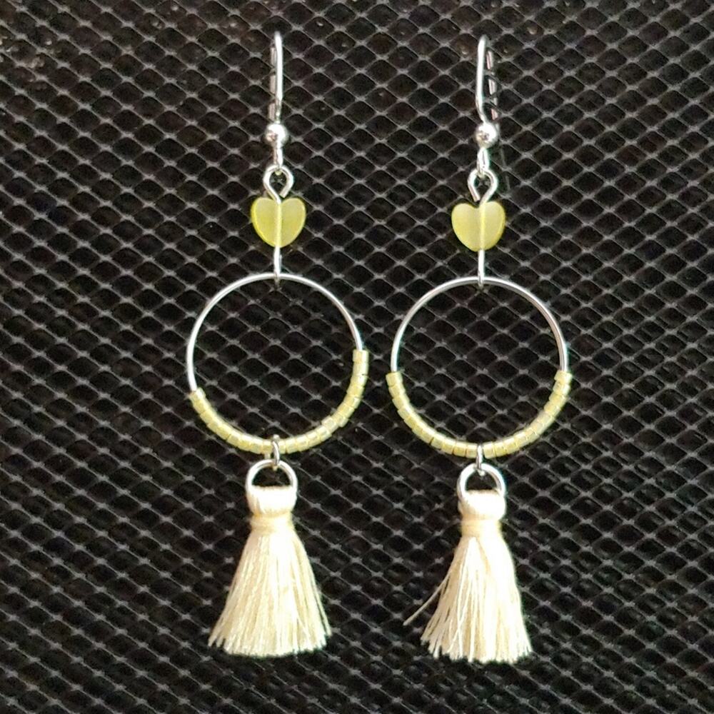 Pale yellow silver hoop & tassel earrings